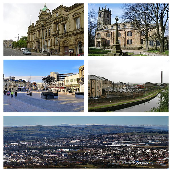 Clockwise from top left: Burnley Town Hall; St Peter's Church; Belle Vue Mill; View of eastern Burnley and the Forest of Pendle; St James's Street in 