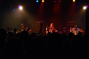 CKY performing in 2009. From left to right: Chad I Ginsburg, Deron Miller, Jess Margera (back) and Matt Deis.