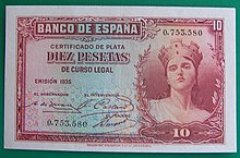 Certificado de plata de 10 pesetas emitido por la Segunda República española en 1935; se fabricaron 60 millones de estos certificados.[14]