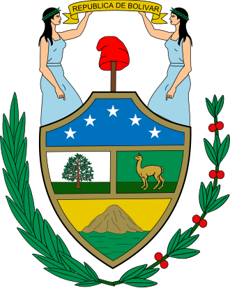 The first coat of arms of Bolivia, formerly named the Republic of Bolivar in honor of Simon Bolivar Coat of arms of Bolivia (1825).svg