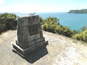 Cairn at Cook's Beach to commemorate Cook's observation of the transit of Mercury CookCairnCooksBeach.JPG