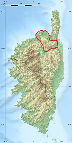 Mapa de ubicación del macizo del Monte Astu en Córcega.