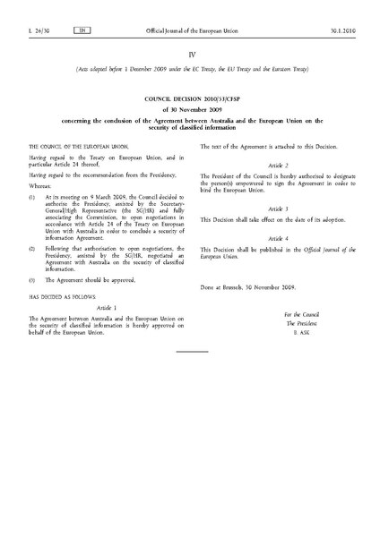 File:Council Decision 2010-53-CFSP of 30 November 2009 concerning the conclusion of the Agreement between Australia and the European Union on the security of classified information (EUD 2010-53).pdf