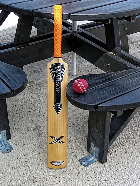 File:Cricket bat and ball at Bishop's Stortford Cricket Club, Hertfordshire.jpg