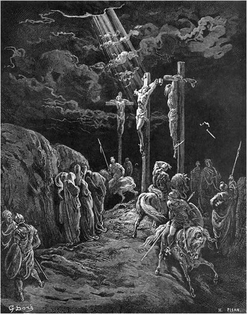 Héliodore Pisan after Gustave Doré, "The Crucifixion", wood-engraving from La Grande Bible de Tours (1866). It depicts the situation described in Luke