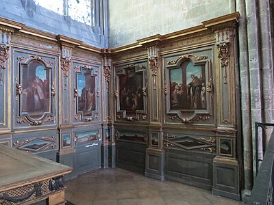 Foto af de malede paneler, der repræsenterer Saint Brices liv
