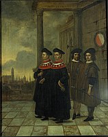 Willem Cornelisz. van Swanenburgh, After Joost van Atteveld. De burgemeesters van Utrecht met de stadsboden . 1658. oil on canvas medium QS:P186,Q296955;P186,Q12321255,P518,Q861259 . 63.7 × 51.8 cm (25 × 20.3 in). Utrecht, Centraal Museum.