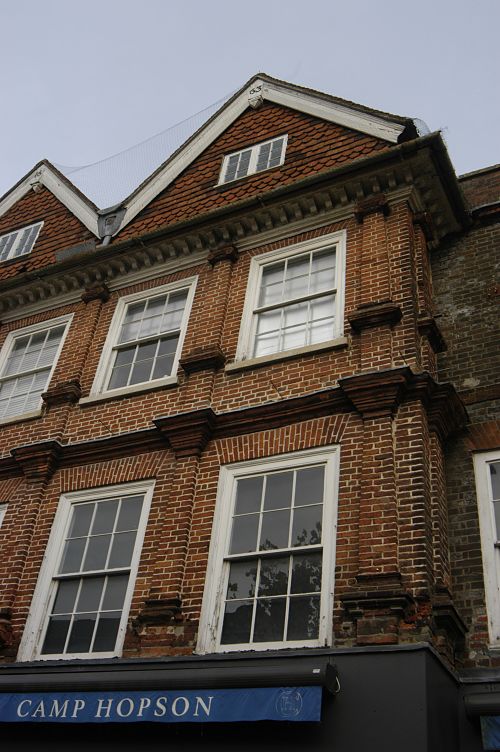 Part of the facade of Camp Hopson of Newbury, dating from 1663 with classical brick pilasters, in 2014.