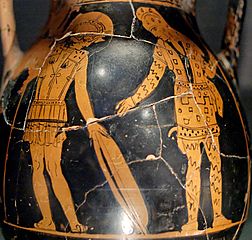 Diomède échange ses armes avec le Lycien Glaucos : vase à figures rouges, vers -420, trouvé et conservé à Géla.