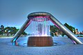 Horace E. Dodge and Son Memorial Fountain in Detroit's Hart Plaza - view from the front in the evening with lights on