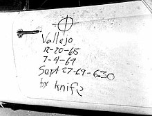 Photo of victim Bryan Hartnell's car door, onto which the Zodiac Killer wrote details of his attack upon Hartnell and Cecelia Shepard Door of Bryan Hartnell's car.jpg