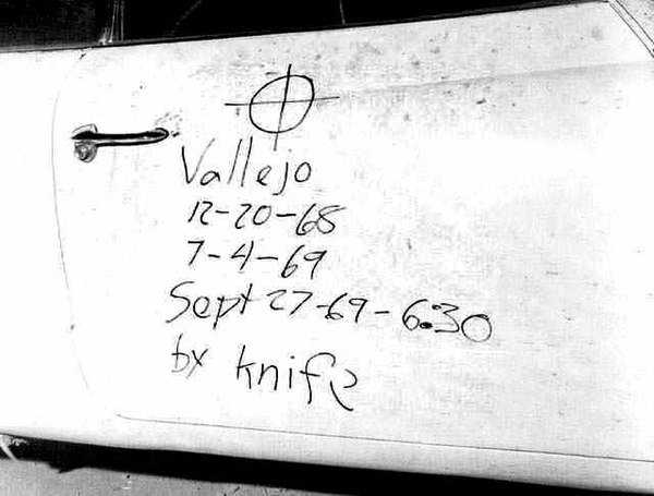 Photo of victim Bryan Hartnell's car door, onto which the Zodiac Killer wrote details of his attack upon Hartnell and Cecelia Shepard