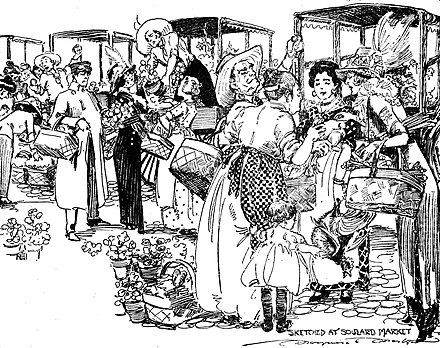 Sales being made at Soulard Market, St. Louis, Missouri, drawing by Marguerite Martyn, 1912