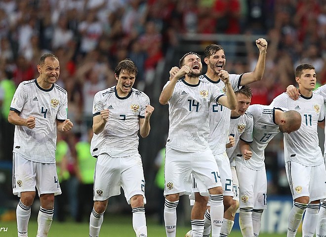Russian team during the penalty shoot-out in the first knockout round against Spain at the 2018 FIFA World Cup.