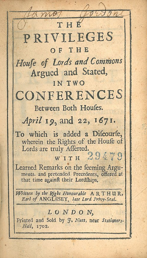 The title page of Anglesey's pamphlet The Privileges of the House of Lords and Commons (1702).