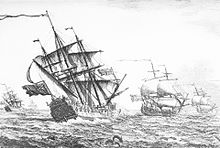 Black and white drawing of five ships at sea.
