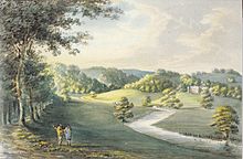 "Eggesford, Seat of Hon. Newton Fellowes", viewed from NW, watercolour by Rev. John Swete dated 1797. Devon Record Office 564M/F11/111 EggesfordSwete111.jpg