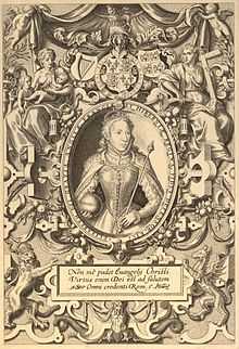 In this edition, Queen Elizabeth I is flanked by allegorical virtues of Faith and Charity; Elizabeth therefore represents Hope. Beneath the portrait is a Latin text from Romans 1:16. Elizabeth I Frontispiece Bishops Bible 1568.jpg