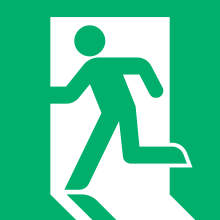 ISO 7010 standard (1987) exit sign, used since 1982 in Japan. Japanese Public Information Symbol - Emergency Exit.svg