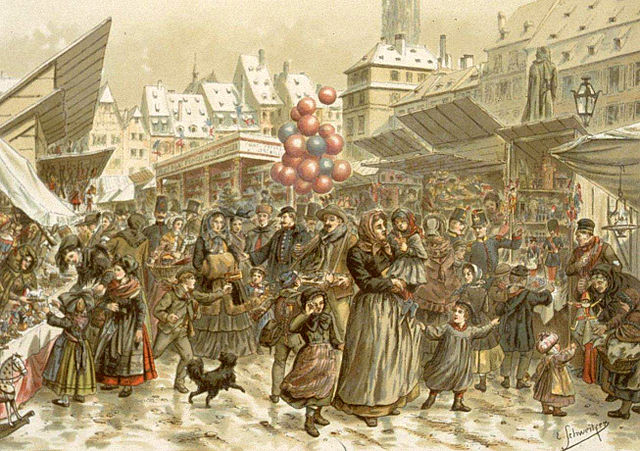 Depiction of the Christmas market on the Place Kléber in Strasbourg, France, 1859