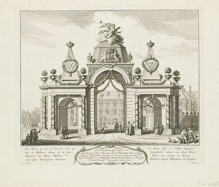 File:Erepoort op het Buitenhof voor de intrede van Willem V en Wilhelmina van Pruisen, 1767 Eer-Poort op den 9de November op het Buyten Hof in S'Hage Opgerigt door de Hofbuurt aldaar by de allerheuggelykste inkomst van Syne , RP-P-OB-84.677.jpg
