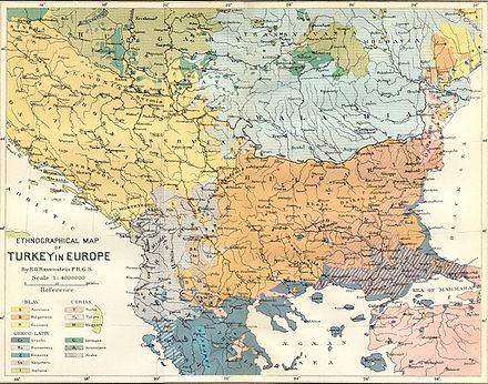 Ethnic composition map of the Balkans by the German-English cartographer Ernst Georg Ravenstein of 1870