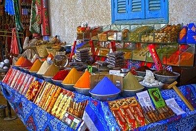 Variedad de especias y condimentos para cocinas de la cocina india sobre  fondo azul.