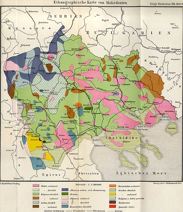 Distribution of ethnic groups in Macedonia in 1892 (Deutsche Rundschau für Geographie und Statistik – German Bevieiofor Geography and Statistics)