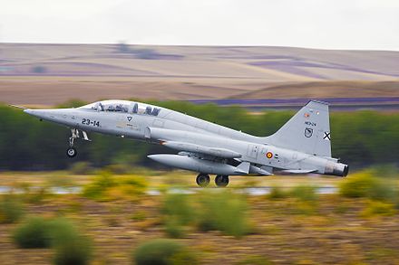 Northrop F-5 at Talavera la Real, identified with the serial prefix A (attack) E (training).9 in the Spanish system