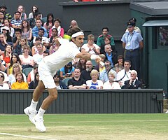 Federer at the 2014 Wimbledon Championships. Federerwimblws2014-2.jpg