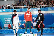 Deutsch: Fechten bei den Olympischen Jugend-Sommerspielen 2018: Tag 1, 7. Oktober 2018, Jungen, Säbel, Siegerehrung - Gold: Krisztián Rabb (HUN), Silber: Hyun Jun (KOR), Bronze: Mazen Elaraby (EGY); Medaillen überreicht durch IOC-Mitglied Britta Heidemann, Maskottchen überreicht durch FIE-Generalsekretär Emmanuel Katsiadakis English: Fencing at the 2018 Summer Youth Olympics at 7 October 2018 – Boys' sabre Medal ceremony – Gold: Krisztián Rabb (HUN), Silver: Hyun Jun (KOR), Bronze: Mazen Elaraby (EGY); Medal presenter: IOC member Britta Heidemann, Mascot presenter: FIE Secretary General Emmanuel Katsiadakis