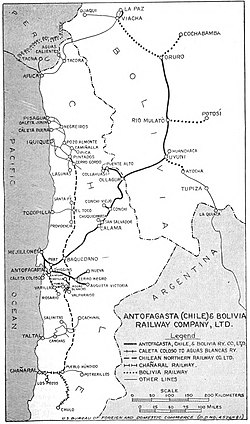 Карта железных дорог из Арики и Антофагаста в Боливию