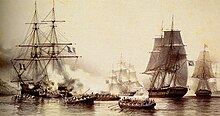 Cygne fights off the British squadron, painting by Auguste Etienne Francois Mayer Fight of Cygne against a British division-Mayer.jpg