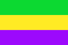 A flag in the traditional colors, as specified in the Rex organization's original edict and in compliance with the rule of tincture. Flag of Rex (Mardi Gras colors).svg