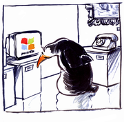 Dessin représentant un manchot regardant dans un musée un ordinateur sous Windows