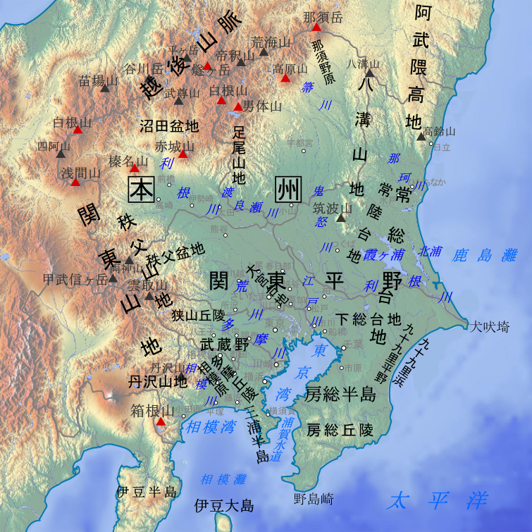 多摩丘陵周辺の地形図 ※左上、丹沢山の上の「地」は関東山地の南部にあたる。