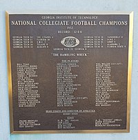 Plaque at Georgia Tech honoring their National Championship season Georgia Tech, National Collegiate Football Champions, 1952.jpg