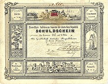 Debenture of the Society of German Republicans for 35 Kreuzer or 1/3 Thaler, bearing interest at 5 per cent, issued on 1 November 1848 in Biel, Switzerland in favour of the German Republic, signed in the original by the revolutionary general Johann Philipp Becker as president of the Wehrbund "Hilf dir". Signed as chief executive by the revolutionary Julius Standau. Among the leading members of the Society of German Republicans were Gustav Struve and Friedrich Hecker.