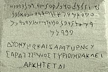 Agrandissement de l'inscription bilingue gréco-phénicienne se trouvant sur la base du cippe présenté ci-avant. Le phénicien est au-dessus, le grec en dessous, gravé en capitales permettant de bien distinguer la présence des voyelles qui furent créées par les Grecs.