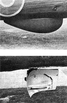 The H2S radome (top) and its enclosed scanning aerial (bottom) on a Halifax. The angled plate fixed to the top of the reflector modified the broadcast pattern to make nearby objects less bright on the display. H2S Radome And Scanner On Halifax.jpg