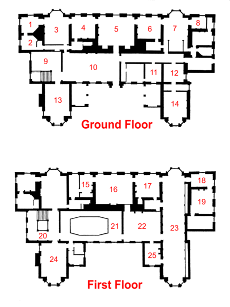 Plan of the interior of Ham House. Key: 1 - The White Closet; 2 - The Duchess's Private Closet; 3 - The Volury; 4 - The Withdrawing Room; 5 - the Marble Dining Room; 6 - The Duke's Dressing Room; 7 - The Duchess's Bedchamber; 8 - The Duke's Closet; 9 - The Great Staircase; 10 - The Great Hall; 11 - The Buttery; 12 - The Steward's Hall; 13 - The chapel; 14 - The Back Parlour; 15 - The Queen's Closet; 16 - The Queen's Bedchamber; 17 - The Antechamber to the Queen's Bedchamber; 18 - The Library Closet; 19 - The Library; 20 - The Great Staircase; 21 - The Round Gallery; 22 - The North Drawing Room; 23 - The Long Gallery; 24 - The Museum Room; 25 - The Green Closet Ham House - labelled ground plan.png
