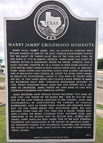 Texas Historical Commission's marker at the childhood homesite of Harry James in Beaumont, Texas.