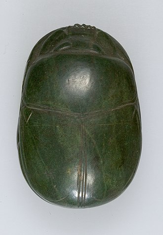 Heart scarab, ca 1550-1186 B.C., New Kingdom, Dynasty 18-19, green stone, 2 5/16 in x 1 1/2 in x 1 in. Metropolitan Museum of Art Heart scarab MET 15.6.40 top.jpg