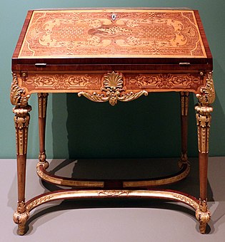 German slant-front desk; by Heinrich Ludwig Rohde or Ferdinand Plitzner; circa 1715–1725; marquetry with maple, amaranth, mahogany, and walnut on spruce and oak; 90 × 84 × 44.5 cm; from Mainz (Germany); Art Institute of Chicago[80]