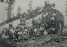 Loggers and a team of horses pose on top of a fallen sequoia 26 feet in diameter. Converse Basin, 1901.