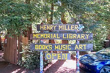 Entrance sign to Henry Miller Memorial Library Henry Miller Memorial Library (47055608744).jpg