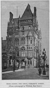 KEHS in 1888 at the former Liberal Club in central Birmingham High School for Girls (KEHS), (The old Liberal Club), Congreve Street, Birmingham.jpg