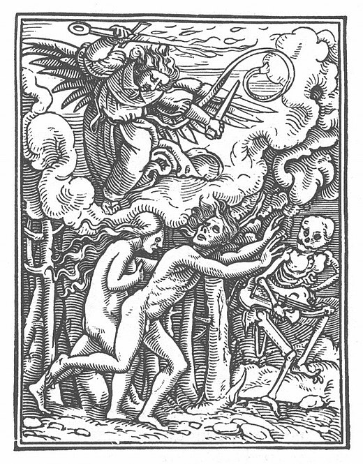 Adam en Eva worden veroordeeld tot sterfelijkheid bij de verdrijving uit het paradijs (Hans Holbein de Jonge, Danse Macabre, 16e eeuw).