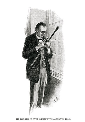 Sherlock Holmes examining Dr Mortimer's walking stick
