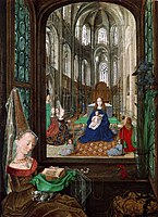Hours of Mary of Burgundy (now National Library of Austria), Folio 14v: The Virgin in a church with Mary of Burgundy at her devotions, c. 1477